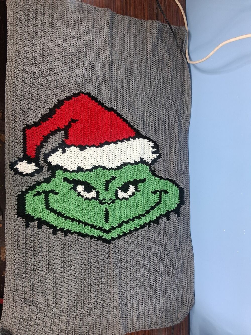 Handmade Crocheted Grinch Blanket 48 × 28 Green Grey Christmas Playful Winter